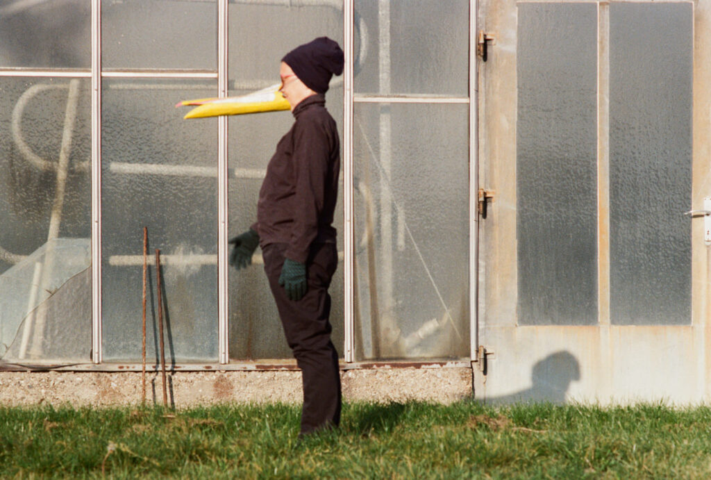 Photography of a person with a pelican's beak standing in front of a glass house