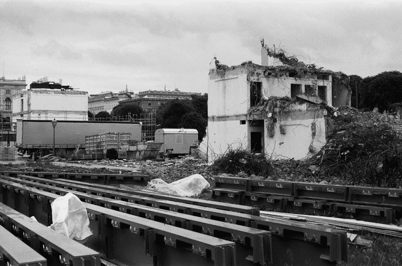 Partially demolished buildings, previously used as a working space for parliamentarians, at the so called "Heldenplatz" in Vienna, Balck/White photography