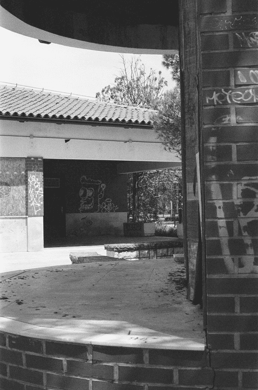 Uninhabited building, with plants in the background, part of public bath, detail, Black/White photopraphy