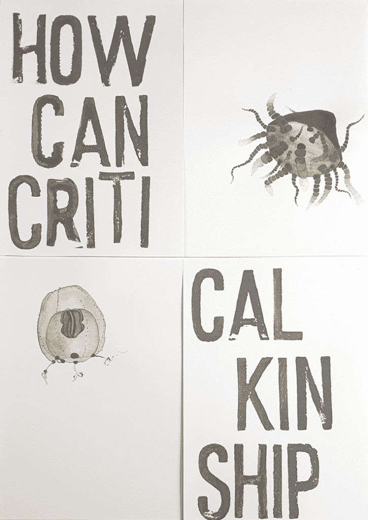 Drawings of grey jellyfish with text "How can critical kinship"